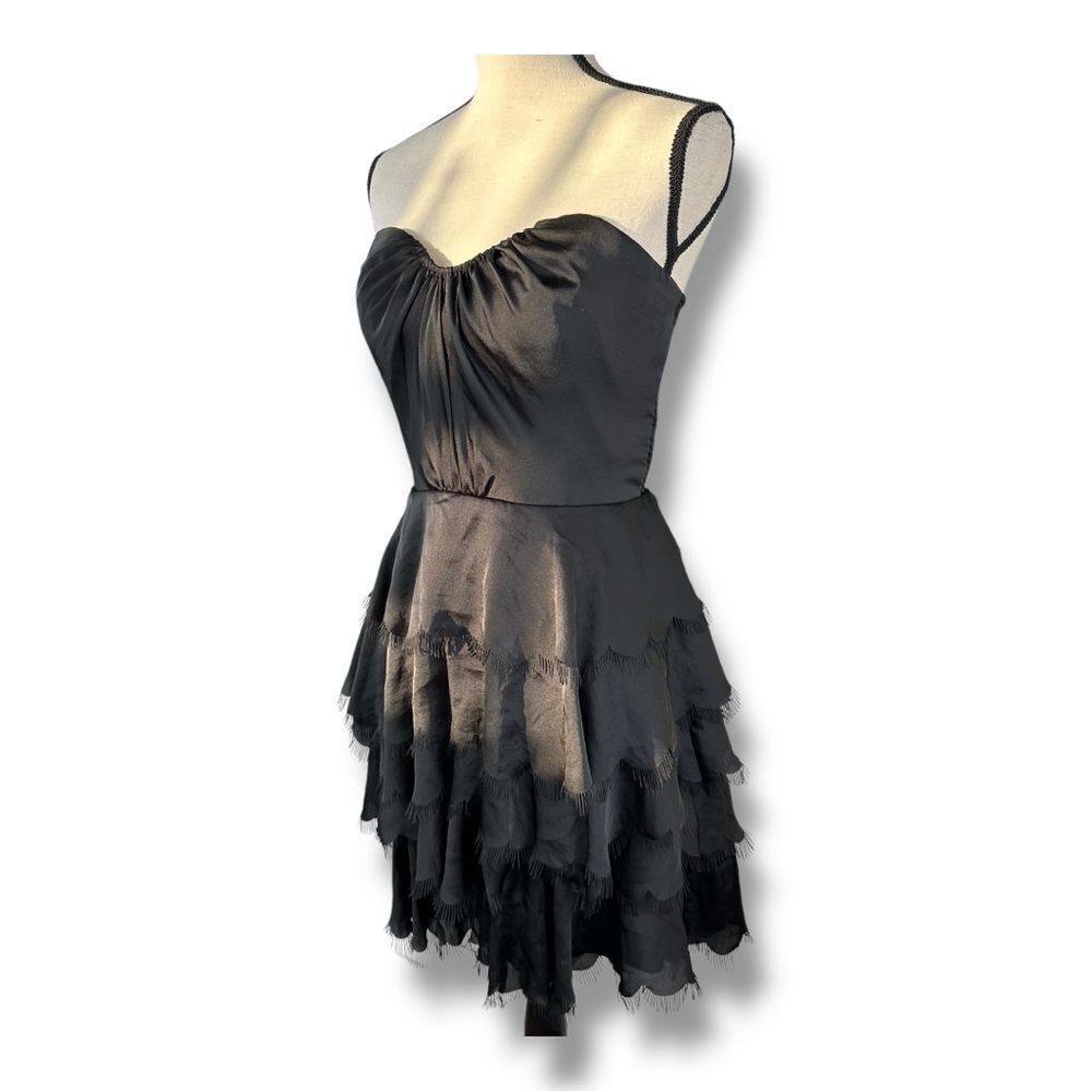 REBECCA TAYLOR Sateen Strapless Eyelash Tier Bustier Cocktail Mini Dress Black 6